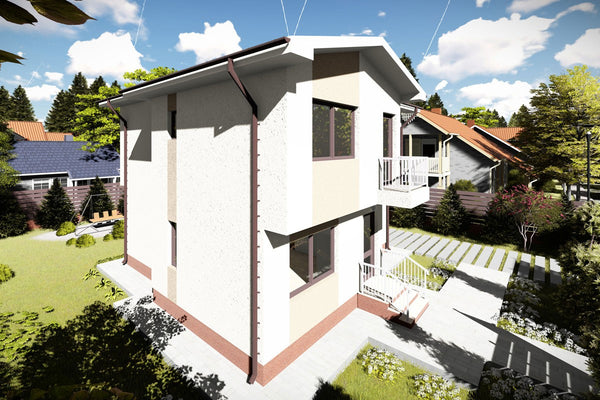 Proiect casa pe structura metalica moderna cu etaj 140 mp - fatada de casa exterior imagine 2