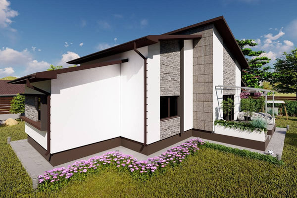Proiect casa pe structura metalica fara etaj moderna 150 mp - fatada de casa cu piatra imagine 2