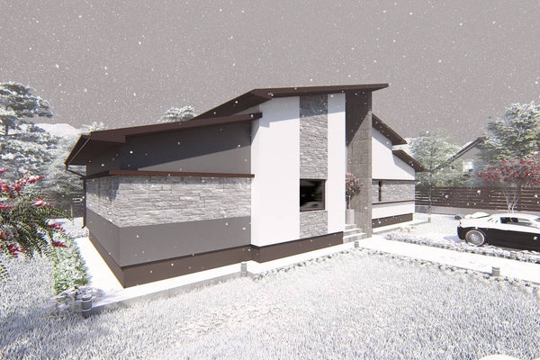 Proiect casa pe structura metalica fara etaj moderna 150 mp - fatada de casa cu piatra imagine 6