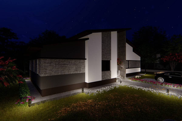 Proiect casa pe structura metalica fara etaj moderna 150 mp - fatada de casa cu piatra imagine 7