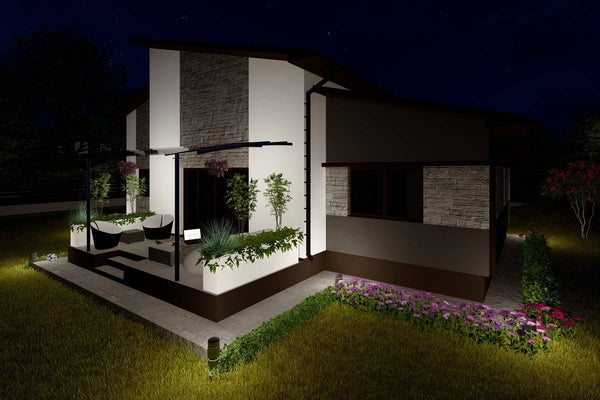 Proiect casa pe structura metalica fara etaj moderna 150 mp - fatada de casa cu piatra imagine 8