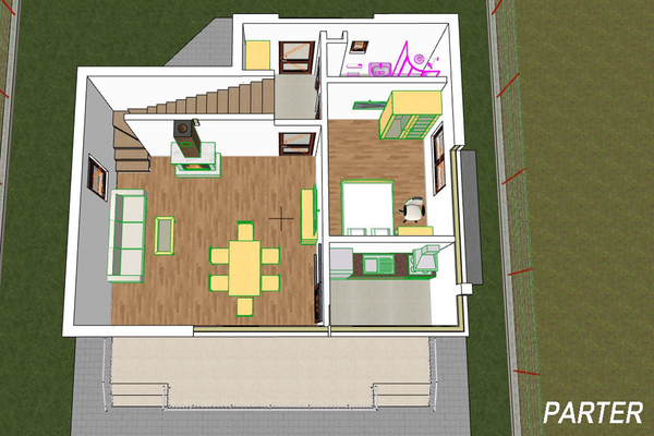 Proiect casa pe structura metalica cu mansarda 4 camere 089 - plan parter 3D