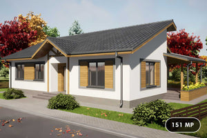 Proiect casa pe structura metalica 150 mp 4 camere si terasa - imagine fatada principala thumbnail