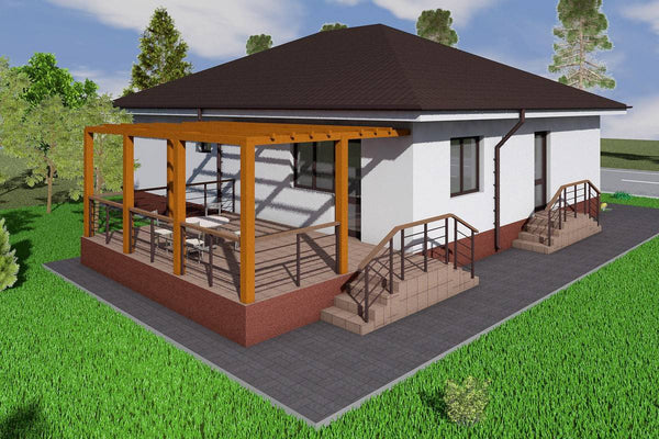 Proiect casa pe structura metalica parter cu 3 camere 160 mp - fatada de casa alba imagine 2