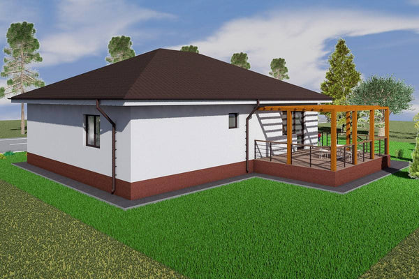 Proiect casa pe structura metalica parter cu 3 camere 160 mp - fatada de casa alba imagine 9