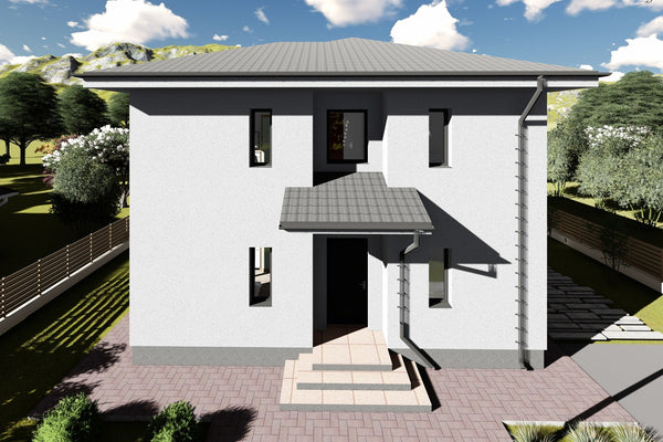 Proiect casa pe structura metalica moderna 4 dormitoare 092 - fatada de casa alba imagine 3
