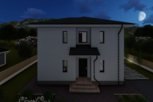 Proiect casa pe structura metalica moderna 4 dormitoare 092 - fatada de casa alba imagine 9