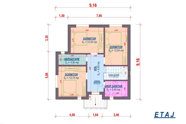Proiect casa pe structura metalica moderna 4 dormitoare 092 - plan etaj