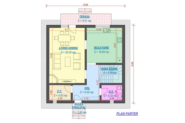 Proiect casa pe structura metalica cu etaj 180 mp 180-070 - plan parter