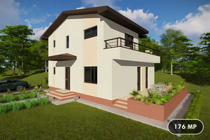 Proiect casa pe structura metalica 180 mp cu etaj 176-030 - fatada casa moderna imagine 1 thumbnail