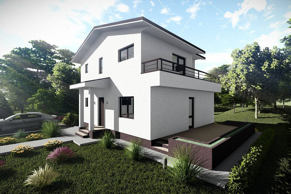 Proiect casa pe structura metalica 180 mp cu terasa 181-026 - fatada de casa alba imagine 3