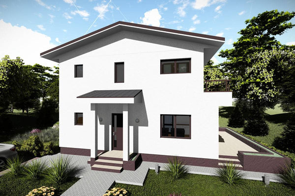 Proiect casa pe structura metalica 180 mp cu terasa 181-026 - fatada de casa alba imagine 2