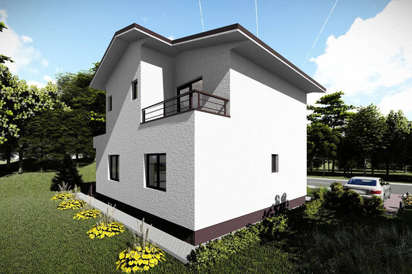 Proiect casa pe structura metalica 180 mp cu terasa 181-026 - fatada de casa alba imagine 6