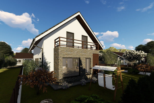 Proiect casa pe structura metalica cu mansarda 4 camere 058 - fatada de casa moderna imagine 6