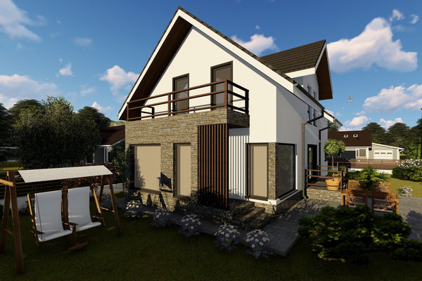 Proiect casa pe structura metalica cu mansarda 4 camere 058 - fatada de casa moderna imagine 2