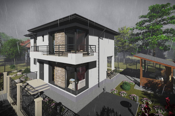 Proiect casa pe structura metalica cu etaj moderna 190-080 - fatada cu piatra decorativa imagine 8