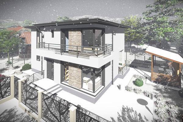 Proiect casa pe structura metalica cu etaj moderna 190-080 - fatada cu piatra decorativa imagine 7