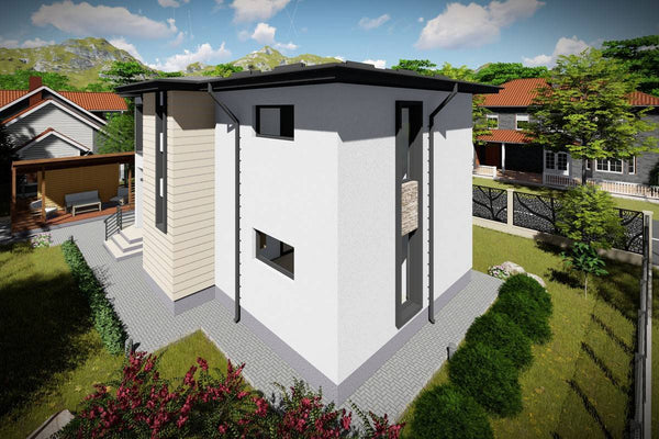 Proiect casa pe structura metalica cu etaj moderna 190-080 - fatada cu piatra decorativa imagine 5