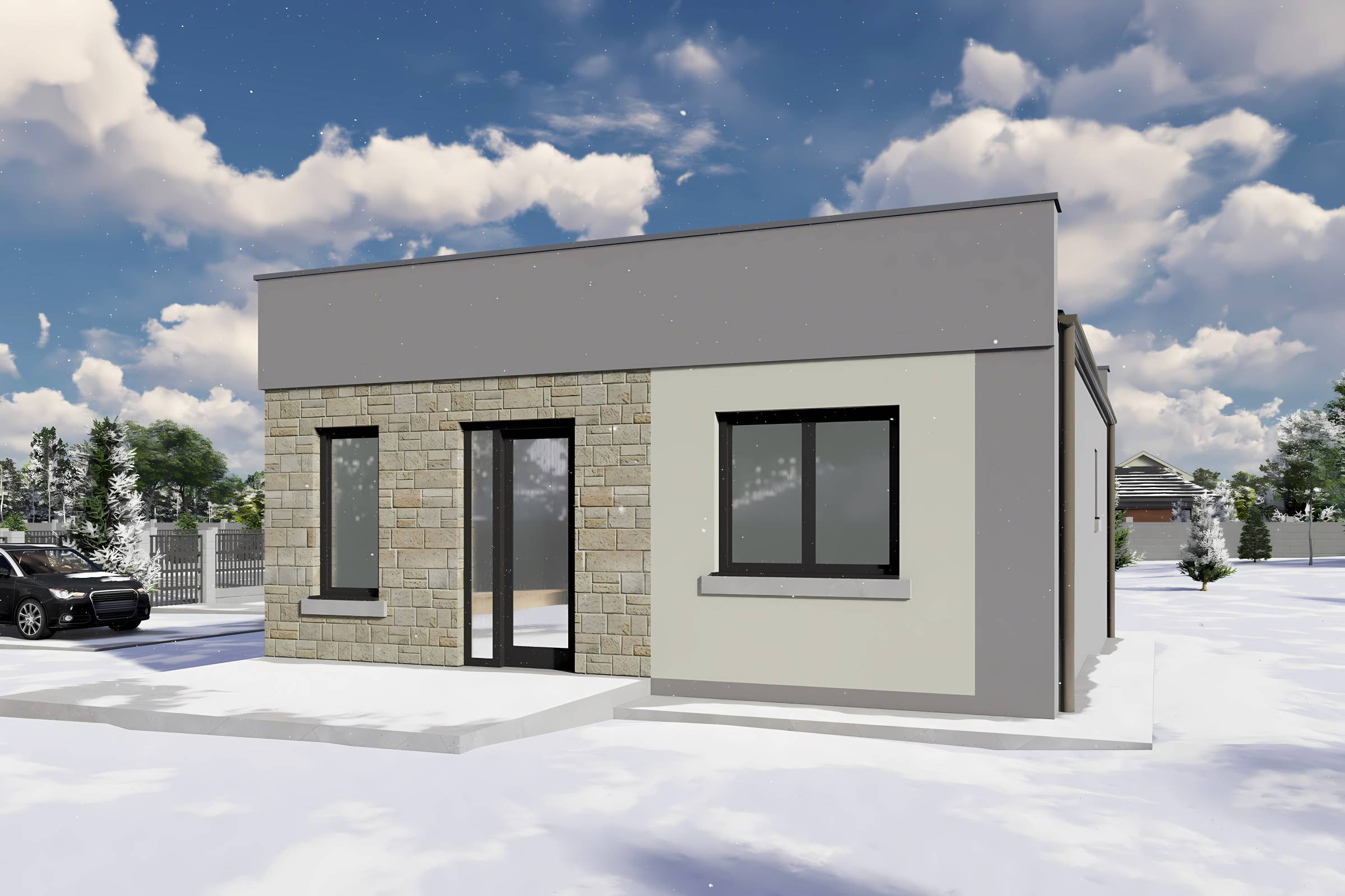 Proiect casa pe structura metalica 2 camere si 1 baie 75 mp - design casa mica poza 12
