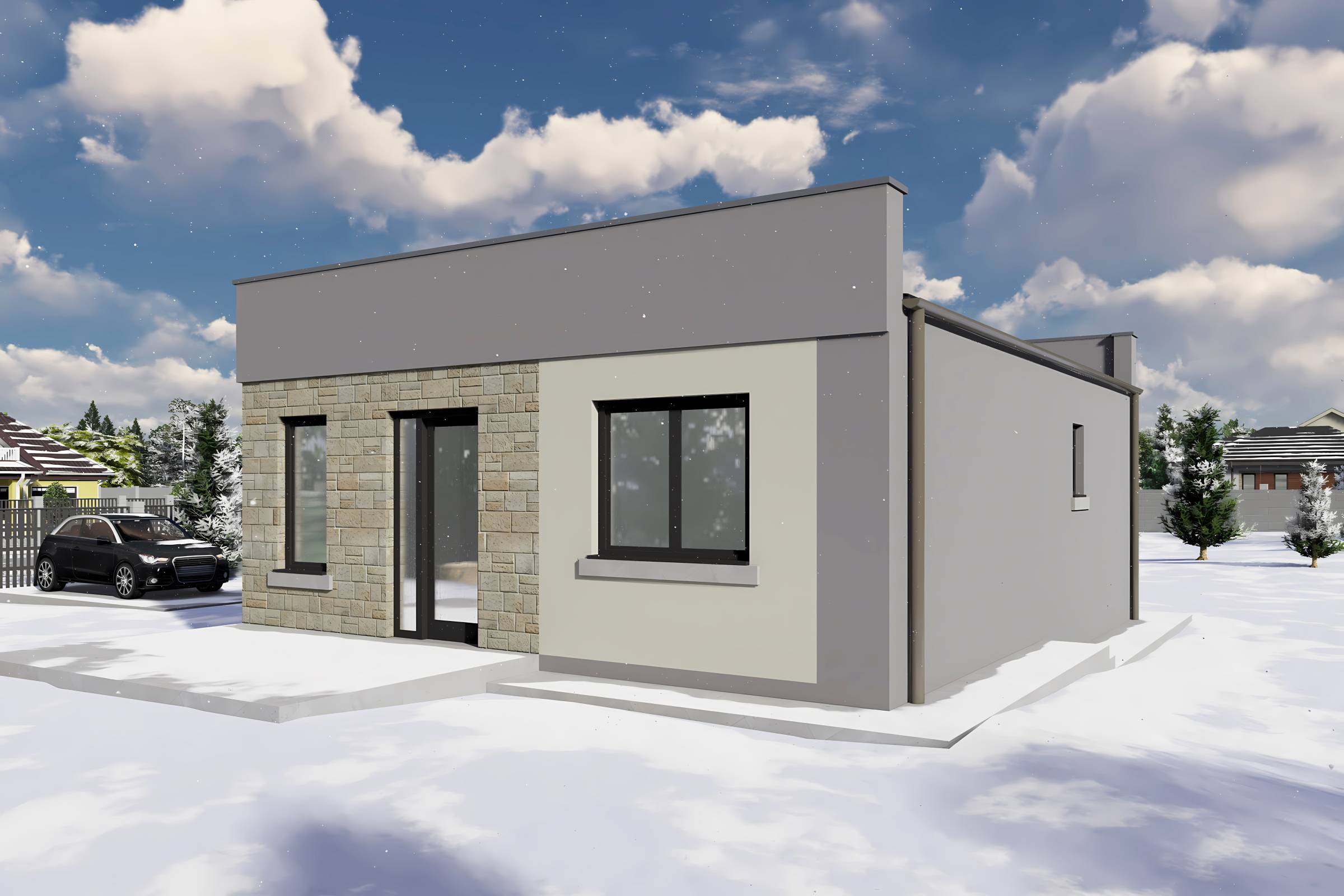 Proiect casa pe structura metalica 2 camere si 1 baie 75 mp - design casa mica poza 13