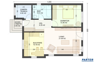 Proiect casa pe structura metalica 2 camere si 1 baie 75 mp - schita casa mica thumbnail