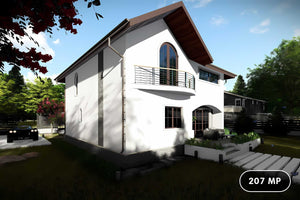 Proiect casa pe structura metalica 200 mp cu etaj 207-054 - fatada casa alba imagine 1 thumbnail