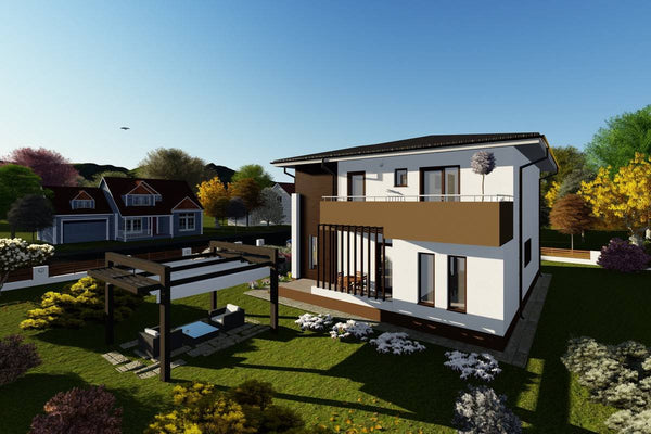 Proiect casa pe structura metalica cu etaj si terase 043 - fatada de casa moderna imagine 2