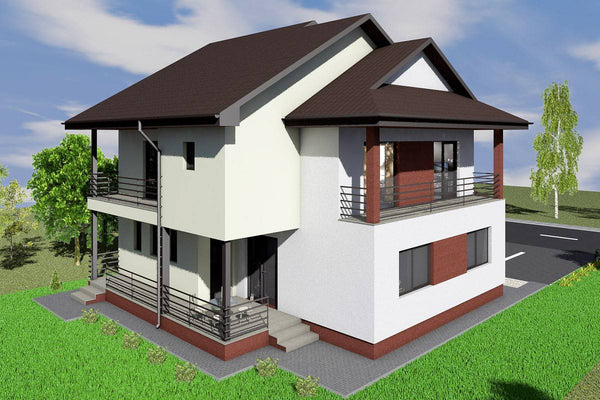 Proiect casa pe structura metalica cu etaj si balcoane 010 - model fatada imagine 2