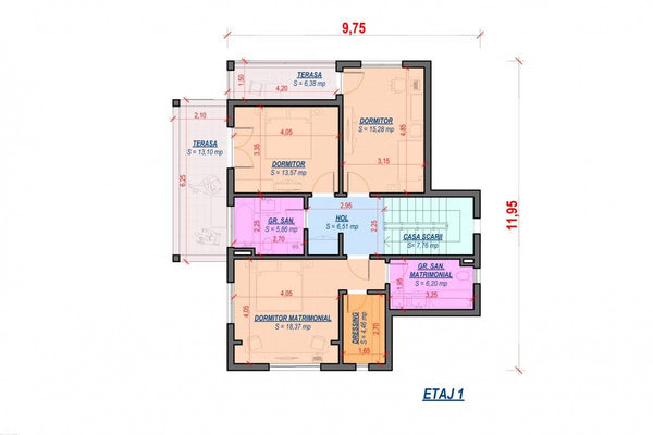 Proiect casa pe structura metalica cu etaj si terase 241-003 - planul casei la etaj