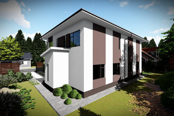Proiect casa pe structura metalica cu etaj tip duplex 077 - fatada casei imagine 2