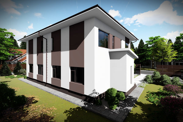 Proiect casa pe structura metalica cu etaj tip duplex 077 - fatada casei imagine 3