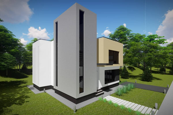 Proiect casa pe structura metalica fara acoperis cu etaj 025 - fatada de casa exterior imagine 2