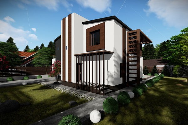 Proiect casa pe structura metalica modern pe 2 nivele 057 - fatada de casa moderna imagine 3