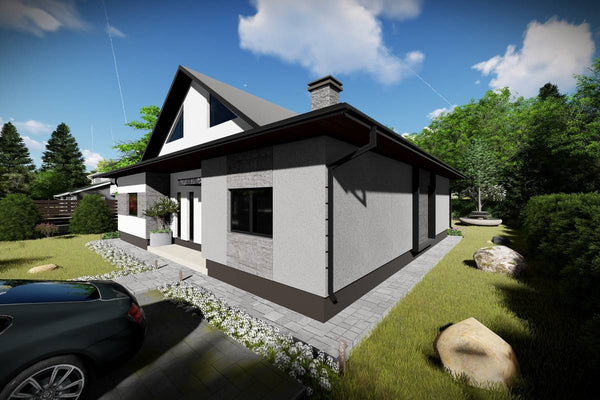 Proiect casa pe structura metalica moderna cu mansarda 048 - fatada de casa placata imagine 2