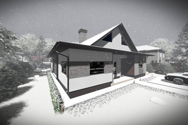Proiect casa pe structura metalica moderna cu mansarda 048 - fatada de casa placata imagine 8