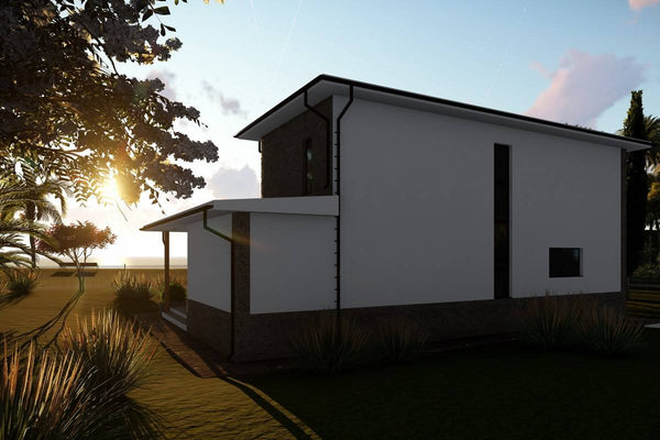 Proiect casa pe structura metalica cu etaj mediteraneana 065 - fatada casa cu piatra imagine 4