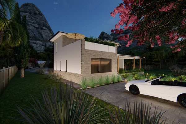 Proiect casa pe structura metalica cu etaj mediteraneana 065 - fatada casa cu piatra imagine 8