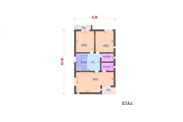 Proiect casa pe structura metalica cu etaj garaj dublu 061 - plan casa etaj