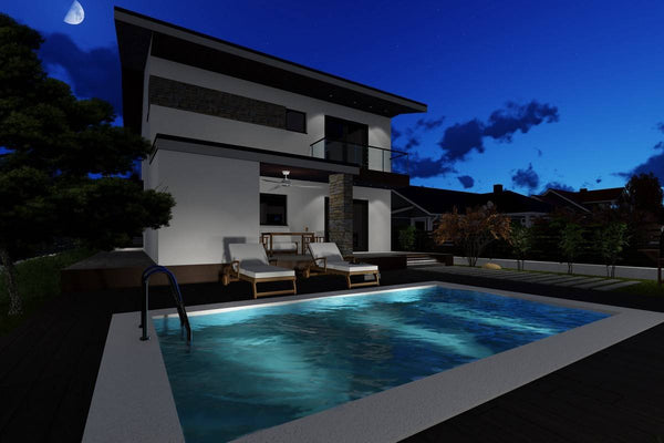 Proiect casa pe structura metalica moderna cu balcoane 052 - fatada de casa cu piatra piscina exterioara imagine 11