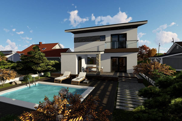 Proiect casa pe structura metalica moderna cu balcoane 052 - fatada de casa cu piatra imagine 6