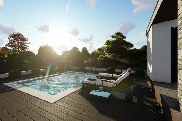 Proiect casa pe structura metalica moderna cu balcoane 052 - fatada de casa cu piatra piscina exterioara imagine 8