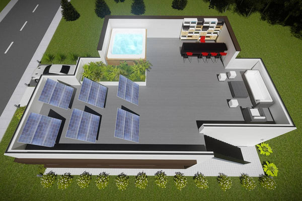 Proiect casa pe structura metalica moderna fara acoperis 027 - imagine aeriana casa cu panouri solare