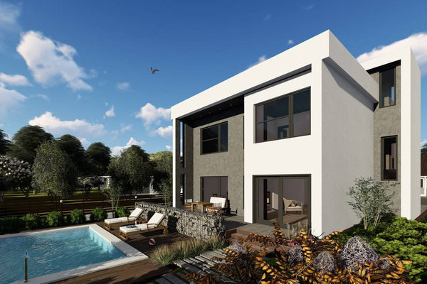 Proiect casa pe structura metalica cu etaj fara acoperis 055 - model fatada cu piscina imagine 7