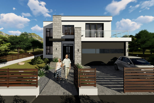 Proiect casa pe structura metalica modern cu garaj dublu 062 - fatada casa cu piatra imagine 4