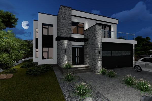 Proiect casa pe structura metalica modern cu garaj dublu 062 - fatada casa cu piatra imagine 9