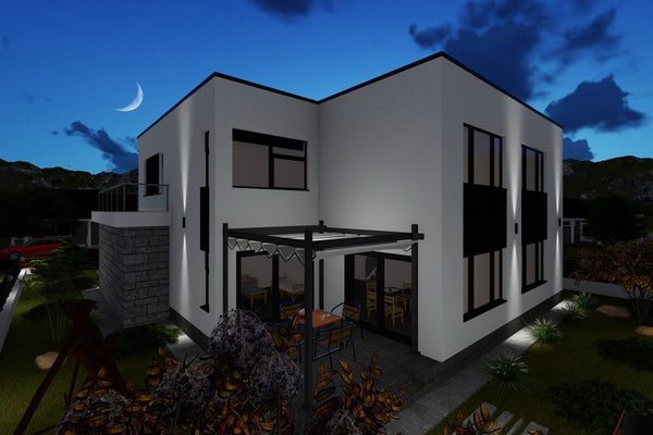 Proiect casa pe structura metalica modern cu garaj dublu 062 - fatada casa cu piatra imagine 10