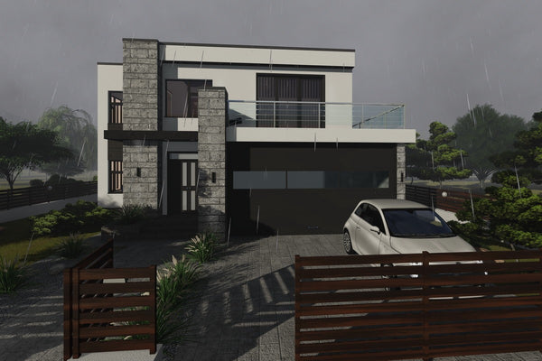 Proiect casa pe structura metalica modern cu garaj dublu 062 - fatada casa cu piatra imagine 8