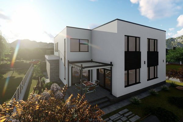 Proiect casa pe structura metalica modern cu garaj dublu 062 - fatada casa cu piatra imagine 6
