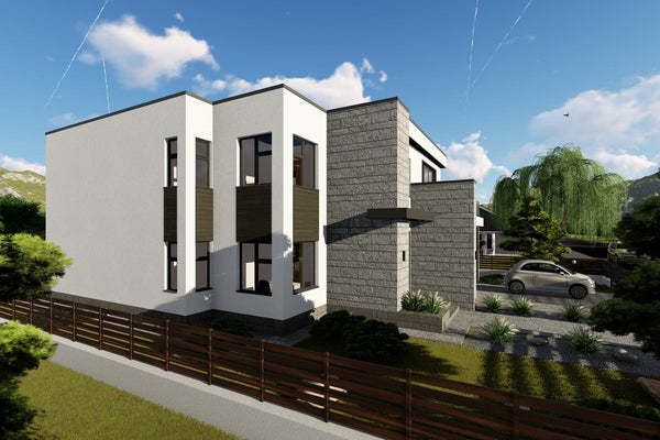Proiect casa pe structura metalica modern cu garaj dublu 062 - fatada casa cu piatra imagine 7
