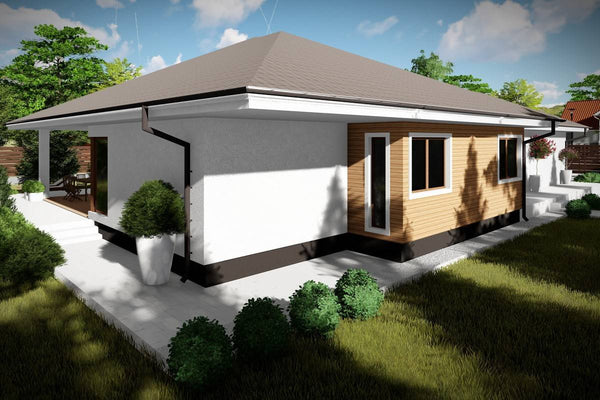 Proiect casa pe structura metalica fara etaj cu garaj 050 - fatada cu lemn imagine 5